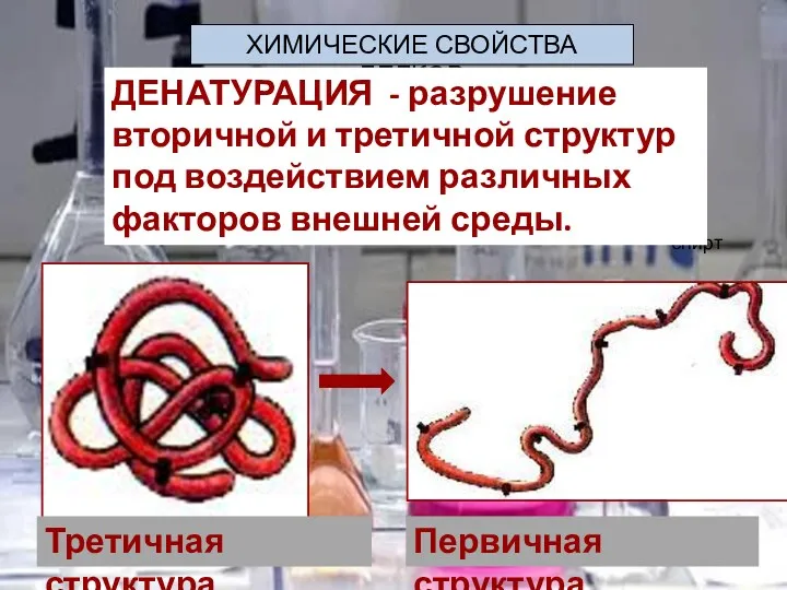 ХИМИЧЕСКИЕ СВОЙСТВА БЕЛКОВ спирт Третичная структура Первичная структура ДЕНАТУРАЦИЯ -