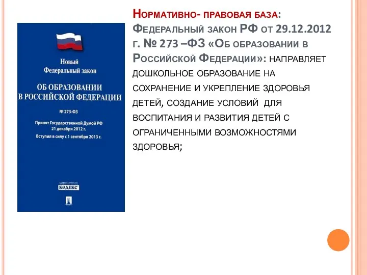 Нормативно- правовая база: Федеральный закон РФ от 29.12.2012г. № 273 –ФЗ «Об образовании