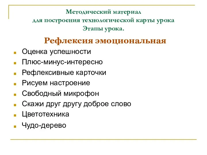 Методический материал для построения технологической карты урока Этапы урока. Рефлексия