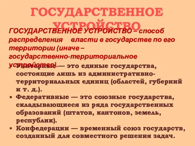 ГОСУДАРСТВЕННОЕ УСТРОЙСТВО Унитарные — это единые государства, состоящие лишь из