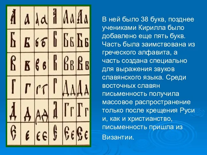 В ней было 38 букв, позднее учениками Кирилла было добавлено еще пять букв.