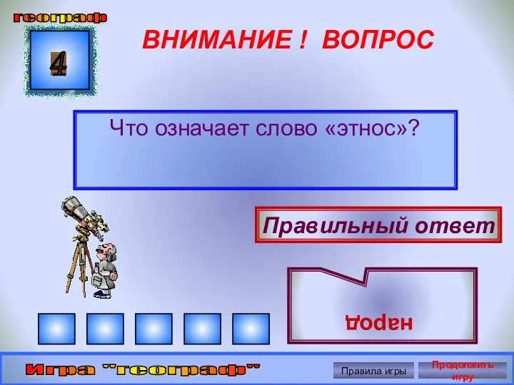 ВНИМАНИЕ ! ВОПРОС Что означает слово «этнос»? 4 Правильный ответ