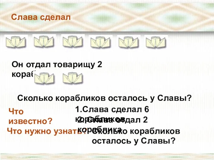 Слава сделал Он отдал товарищу 2 кораблика Сколько корабликов осталось