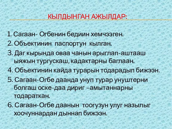 Кылдынган ажылдар: 1. Сагаан- Огбенин бедиин хемчээген. 2. Объектинин паспортун