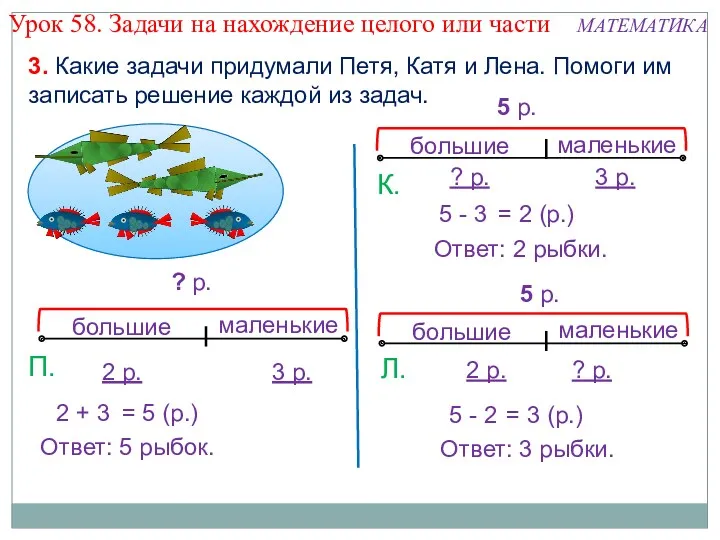 Ответ: 5 рыбок. 2 + 3 = 5 (р.) Ответ: