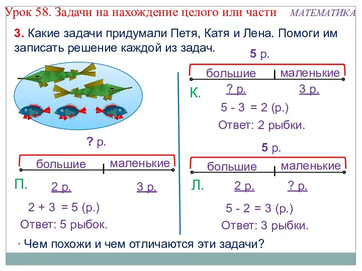 Ответ: 5 рыбок. 2 + 3 = 5 (р.) Ответ: