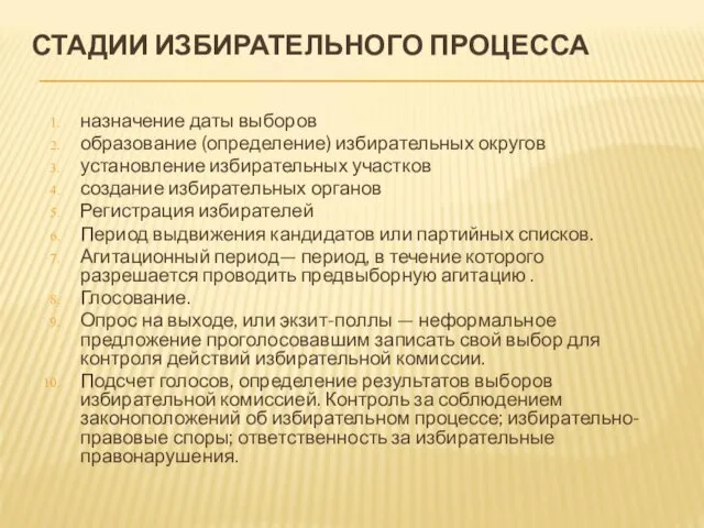 СТАДИИ ИЗБИРАТЕЛЬНОГО ПРОЦЕССА назначение даты выборов образование (определение) избирательных округов