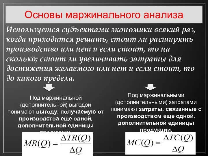 Основы маржинального анализа Используется субъектами экономики всякий раз, когда приходится