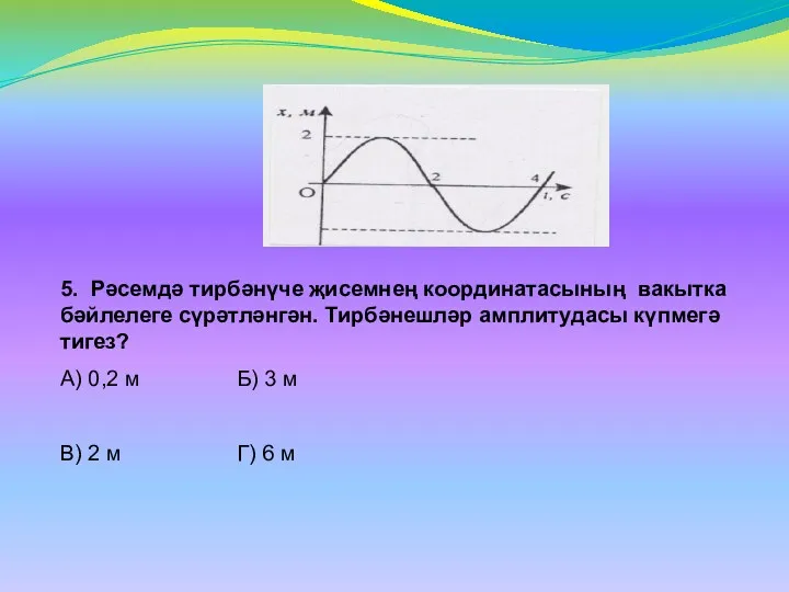 5. Рәсемдә тирбәнүче җисемнең координатасының вакытка бәйлелеге сүрәтләнгән. Тирбәнешләр амплитудасы