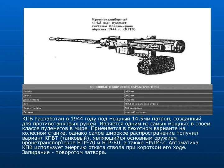 КПВ Разработан в 1944 году под мощный 14.5мм патрон, созданный для противотанковых ружей.