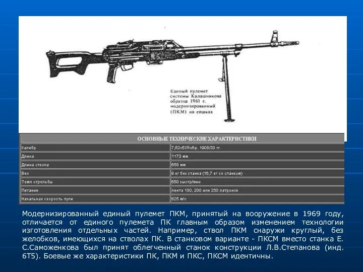 Модернизированный единый пулемет ПКМ, принятый на вооружение в 1969 году, отличается от единого
