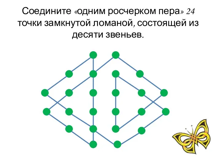 Соедините «одним росчерком пера» 24 точки замкнутой ломаной, состоящей из десяти звеньев.