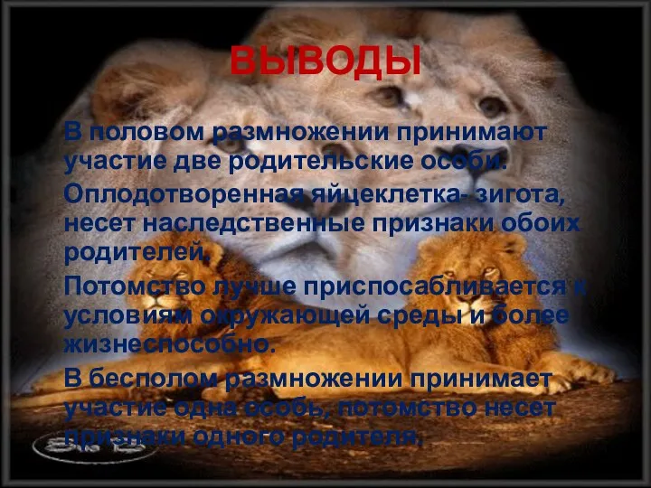 ВЫВОДЫ В половом размножении принимают участие две родительские особи. Оплодотворенная