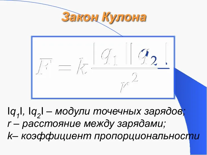 Закон Кулона Iq1I, Iq2I – модули точечных зарядов; r – расстояние между зарядами; k– коэффициент пропорциональности