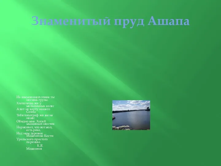 Знаменитый пруд Ашапа На взмыленной спине ты носишь грузы. Хлопочешь