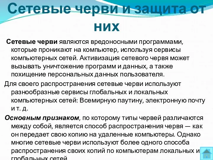 Сетевые черви и защита от них Сетевые черви являются вредоносными