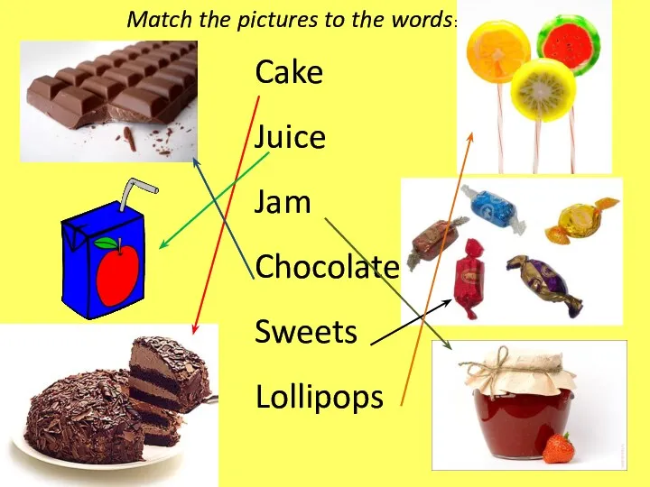 Match the pictures to the words: Cake Juice Jam Chocolate Sweets Lollipops