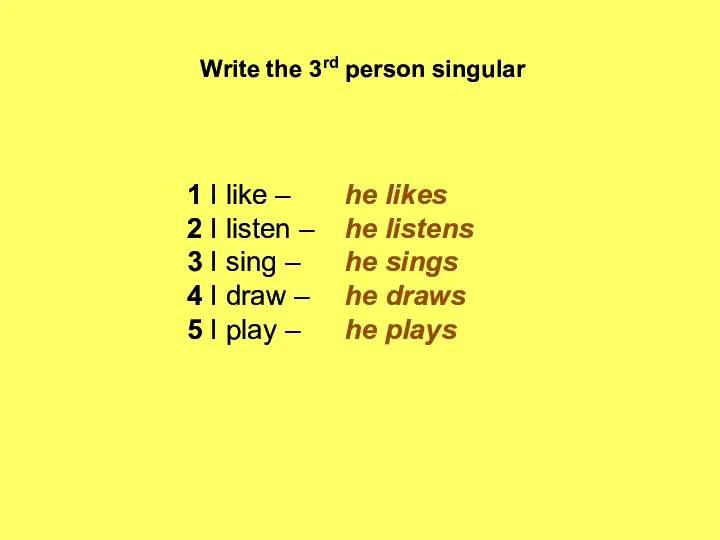 Write the 3rd person singular 1 I like – 2 I listen –