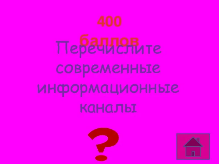 400 баллов Телефон, телевидение, Интернет Перечислите современные информационные каналы