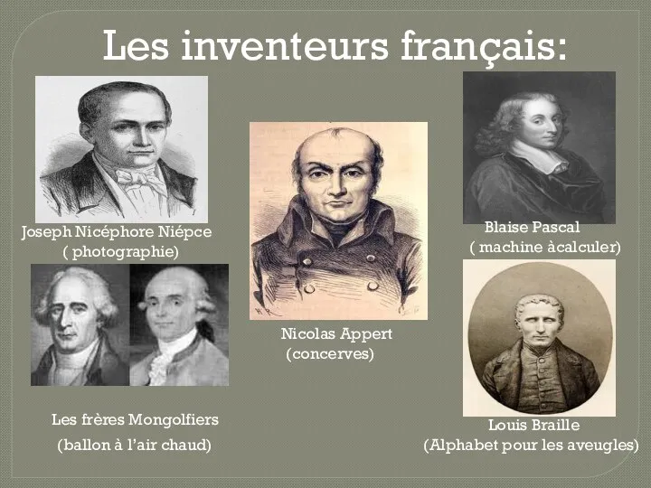 Les inventeurs français: Joseph Nicéphore Niépce ( photographie) Blaise Pascal ( machine àcalculer)