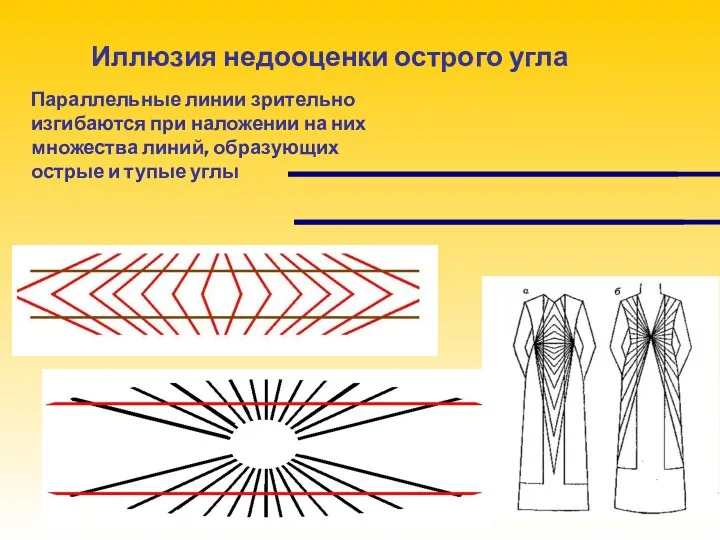 Параллельные линии зрительно изгибаются при наложении на них множества линий,