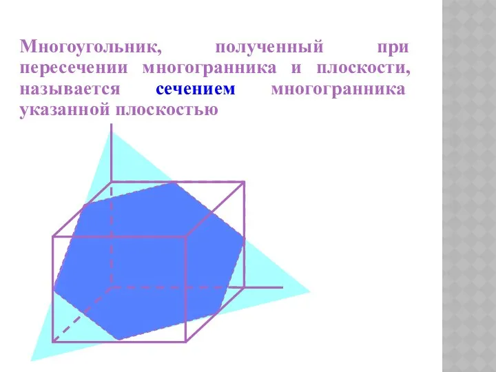 Многоугольник, полученный при пересечении многогранника и плоскости, называется сечением многогранника указанной плоскостью
