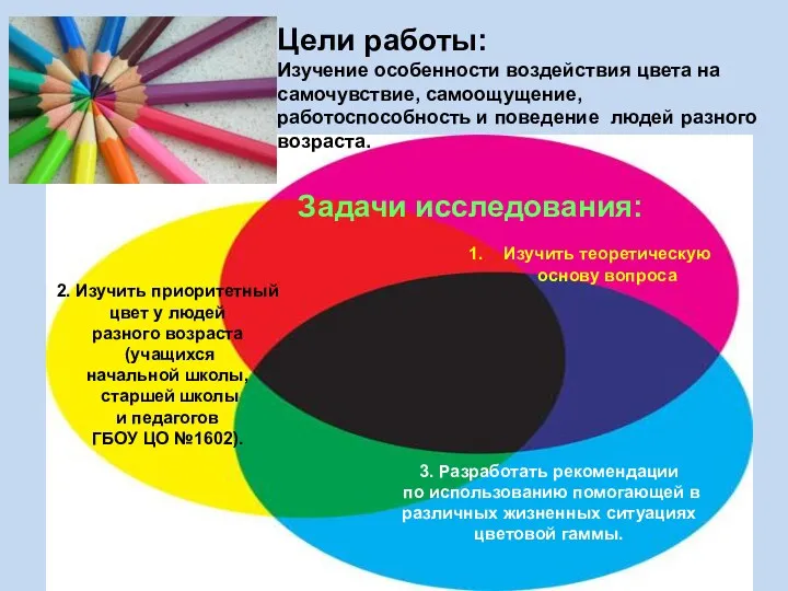 Цели работы: Изучение особенности воздействия цвета на самочувствие, самоощущение, работоспособность