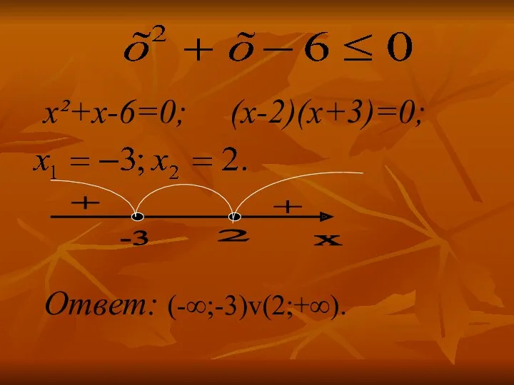 x²+x-6=0; (х-2)(х+3)=0; Ответ: (-∞;-3)v(2;+∞). х + 2 -3 +