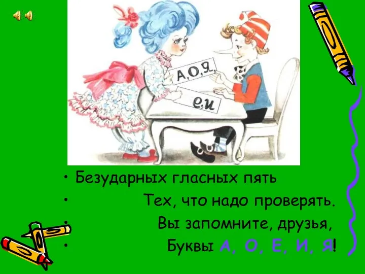 Безударных гласных пять Тех, что надо проверять. Вы запомните, друзья, Буквы А, О, Е, И, Я!