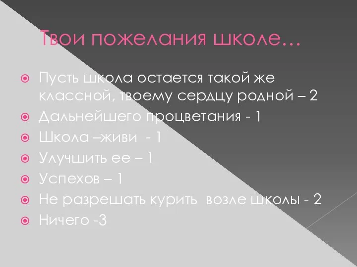 Твои пожелания школе… Пусть школа остается такой же классной, твоему