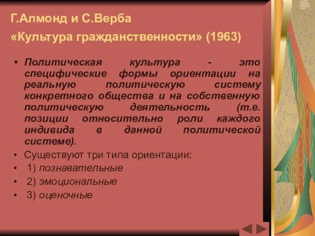 Г.Алмонд и С.Верба «Культура гражданственности» (1963) Политическая культура - это