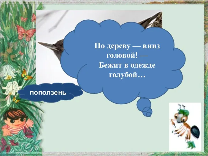 По дереву — вниз головой! — Бежит в одежде голубой… поползень