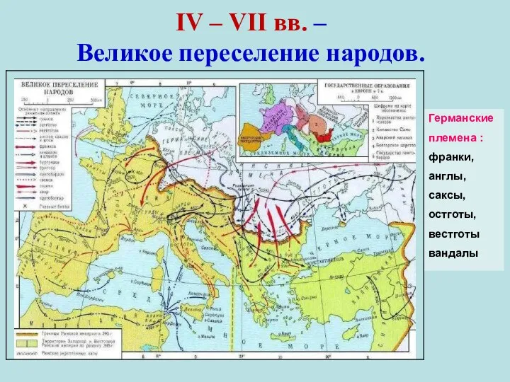 IV – VII вв. – Великое переселение народов. Германские племена : франки, англы,