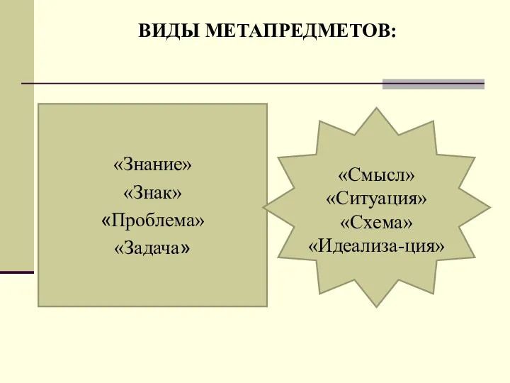 ВИДЫ МЕТАПРЕДМЕТОВ: «Знание» «Знак» «Проблема» «Задача» «Смысл» «Ситуация» «Схема» «Идеализа-ция»