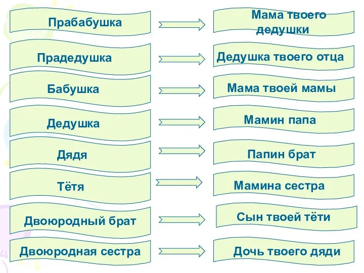 Прабабушка Прадедушка Бабушка Дедушка Дядя Тётя Двоюродный брат Двоюродная сестра