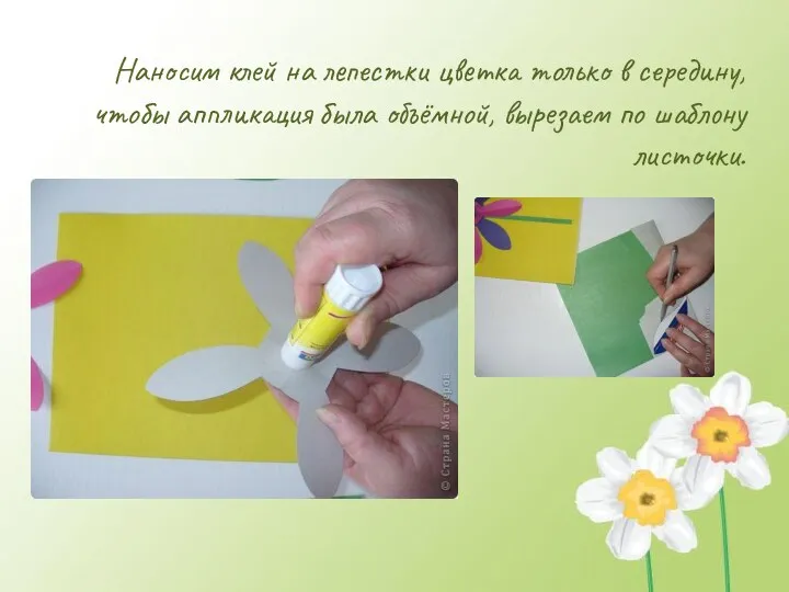 Наносим клей на лепестки цветка только в середину, чтобы аппликация была объёмной, вырезаем по шаблону листочки.