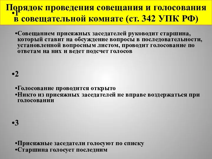 Порядок проведения совещания и голосования в совещательной комнате (ст. 342 УПК РФ)