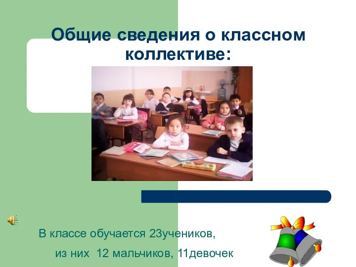 Общие сведения о классном коллективе: В классе обучается 23учеников, из них 12 мальчиков, 11девочек