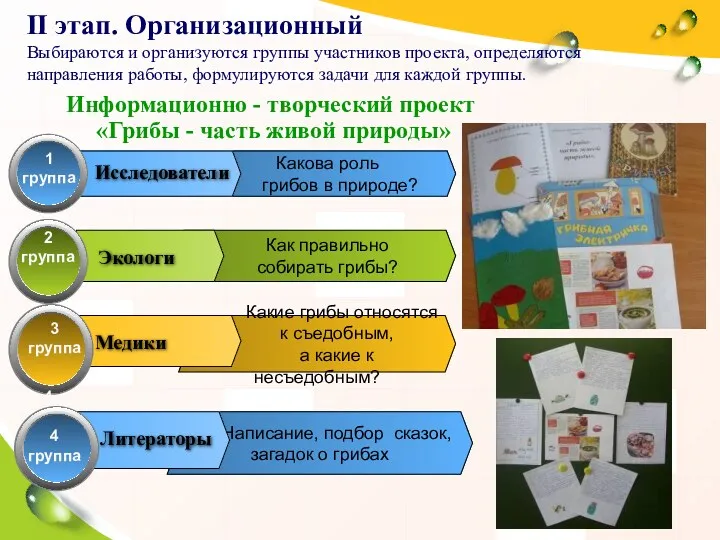 Какова роль грибов в природе? 1 группа Исследователи Как правильно собирать грибы? 2