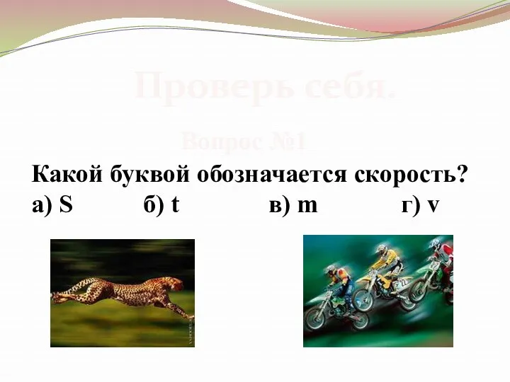 Какой буквой обозначается скорость? а) S б) t в) m г) v Проверь себя. Вопрос №1