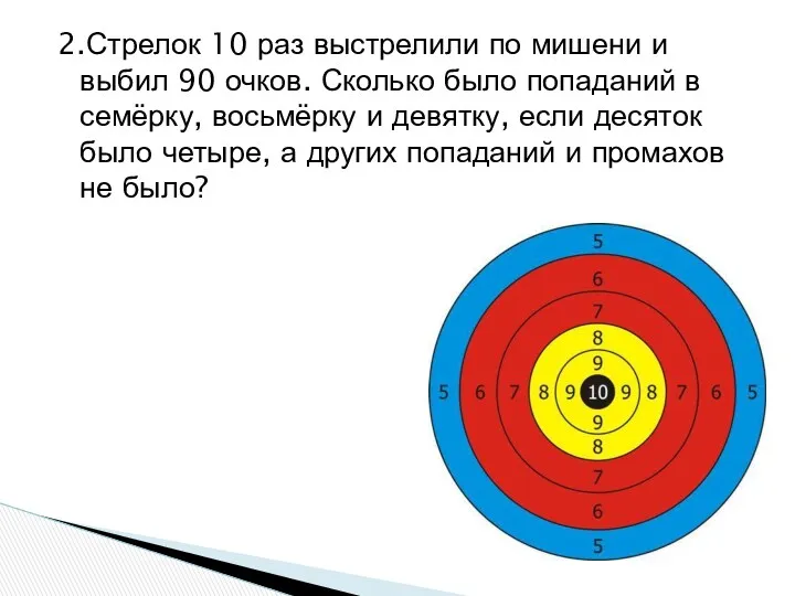 2.Стрелок 10 раз выстрелили по мишени и выбил 90 очков.