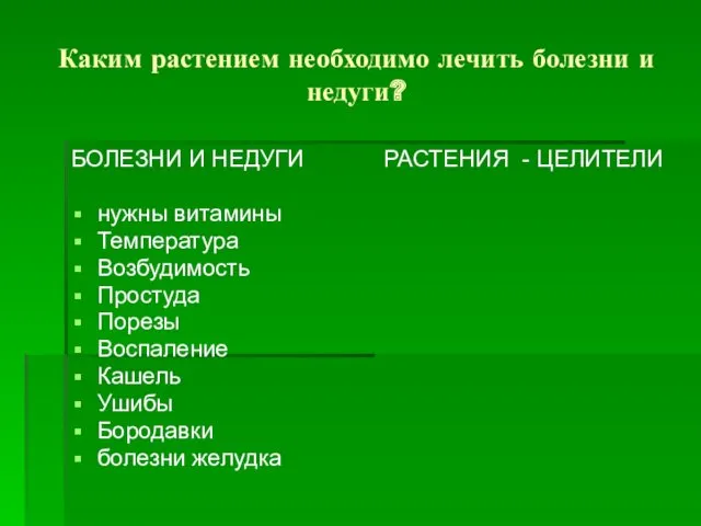 Каким растением необходимо лечить болезни и недуги? БОЛЕЗНИ И НЕДУГИ