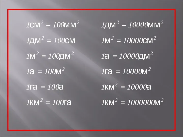 1см2 = 100мм2 1дм2 = 100см 1м2 = 100дм2 1а