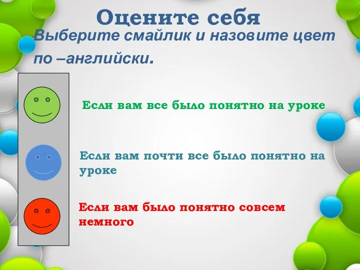 Оцените себя Выберите смайлик и назовите цвет по –английски. Если