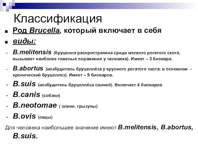 Классификация Род Brucella, который включает в себя виды: B.melitensis (бруцелла