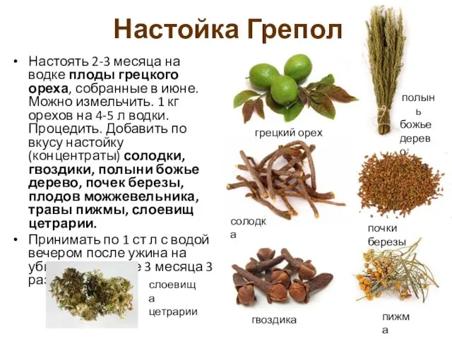 Настойка Грепол Настоять 2-3 месяца на водке плоды грецкого ореха, собранные в июне.