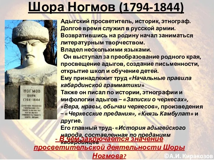 Шора Ногмов (1794-1844) Адыгский просветитель, историк, этнограф. Долгое время служил
