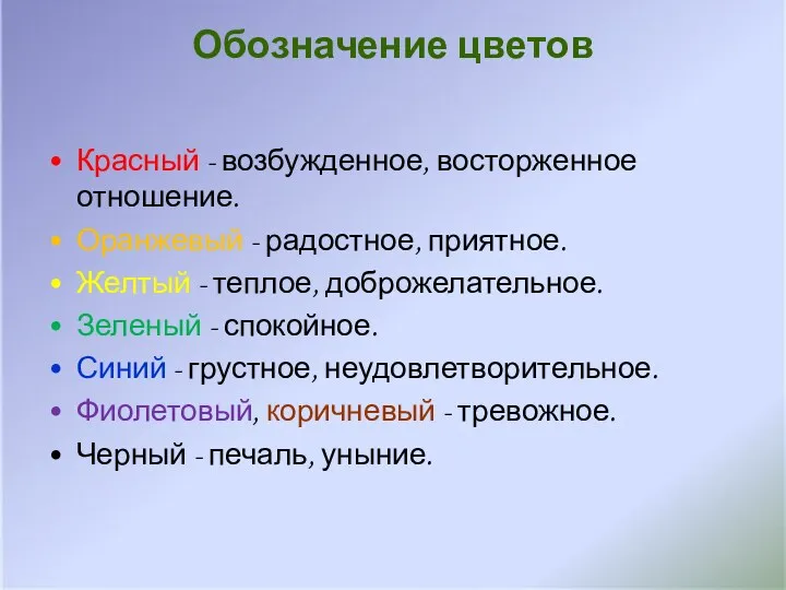 Обозначение цветов Красный - возбужденное, восторженное отношение. Оранжевый - радостное,