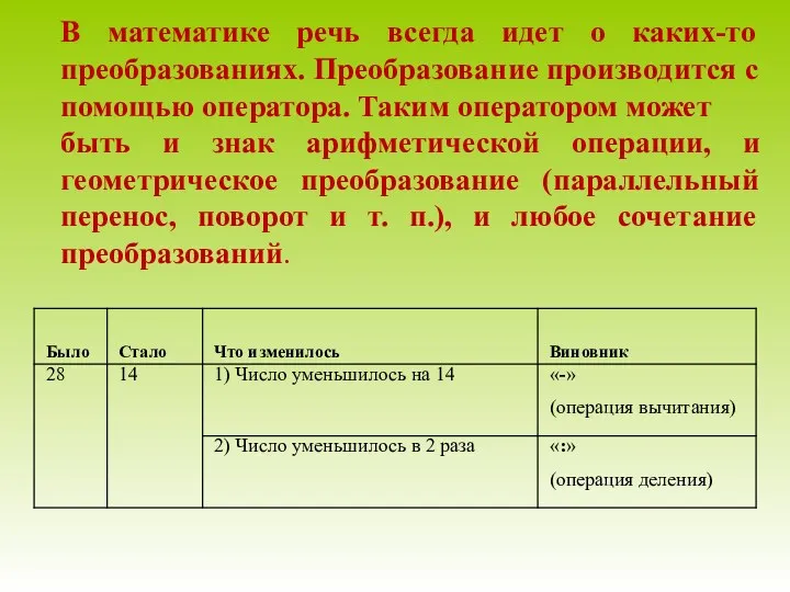 В математике речь всегда идет о каких-то преобразованиях. Преобразование производится