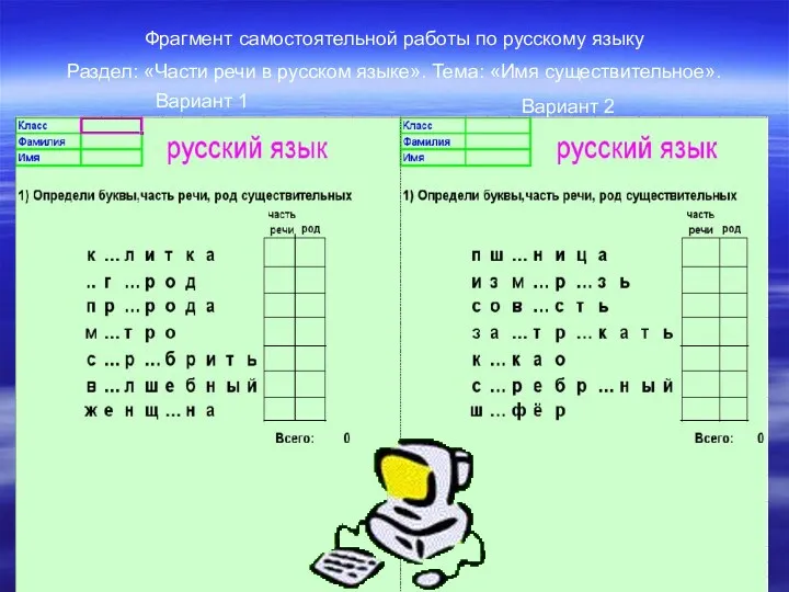 Фрагмент самостоятельной работы по русскому языку Раздел: «Части речи в